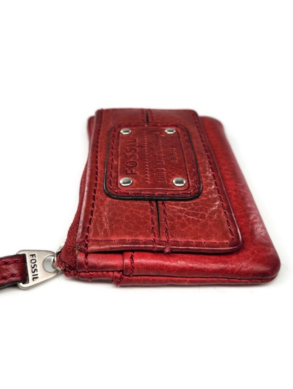 Fossil Emory Red Leather Zip Top Flap Snap Coin, Card & Key Chain Change Purse - Picture 6 of 11